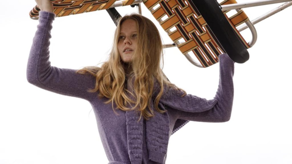 Lavender dress €660, rib cardigan €540, polka sweater (at shoulders) €585, Ros Duke