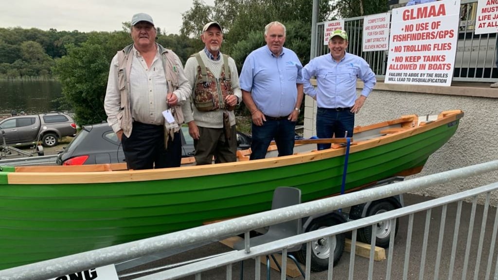 The winning duo after the 41st Lough Melvin competition. From left: Trevor McClearn, David Watson with club chairman Terry McGovern and committee member Gareth Foley (of Foley Boats). Photograph: Garrison Lough Melvin Anglers