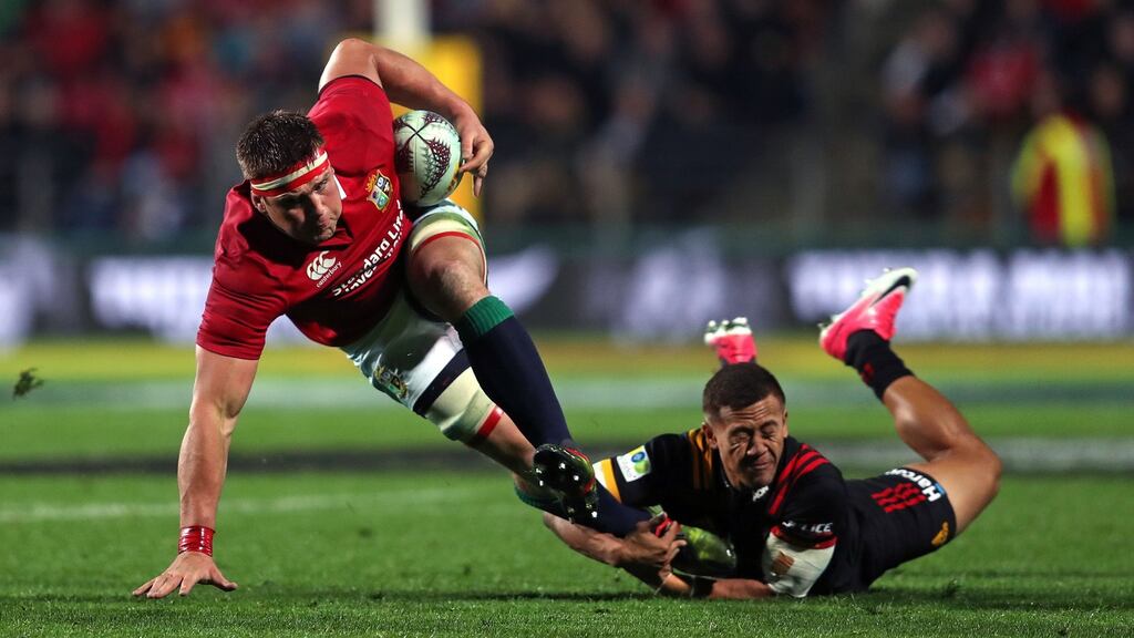 British and Irish Lions’ CJ Stander is tackled during the win in Hamilton. Photograph: David Davies/PA Wire.
