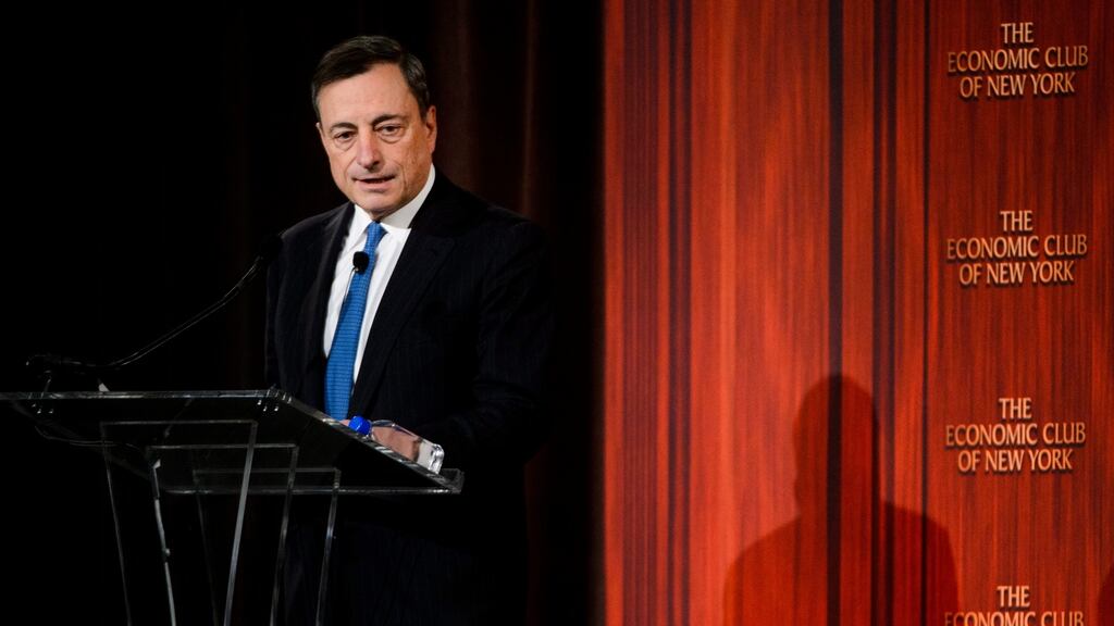Mario Draghi,  President of the European Central Bank (ECB), in New York earier this month. Economists say that the policy package Draghi presented at the start of the month included extending quantitative easing by six months and broadening the range of purchasable assets is starting to work. (Photograph: JUSTIN LANE/EPA)