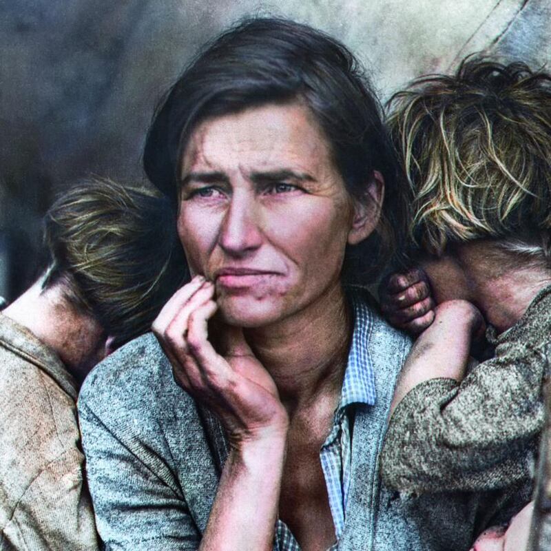 Colourised: Florence Owens Thompson, a poor migrant mother, in an image that came to symbolise the Great Depression for many Americans. From The Colour of Time. Original photograph: FSA/LOC