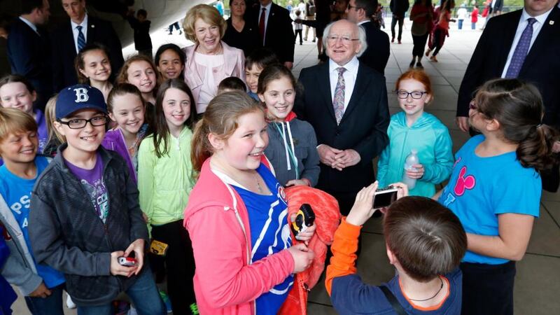 President o Michael D. Higgins and his wife Sabina visit Cloud Gate also known as ‘The Bean’ at Millennium Park in Chicago, Illinois. Photograph: Kamil Krzaczyniski/EPA