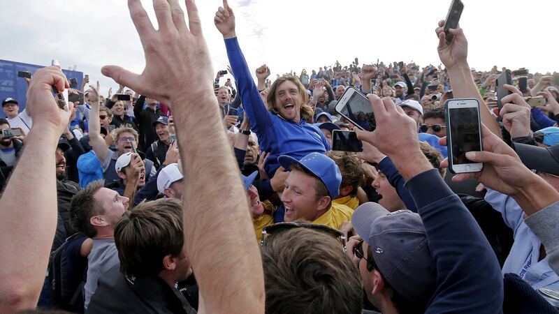 Tommy Fleetwood celebrates after winning the 2018 Ryder Cup in Paris. Photo: Tom Jenkins/The Guardian