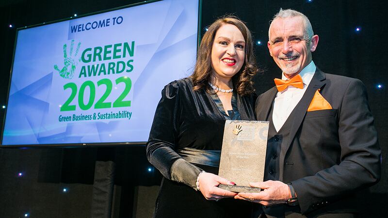 Lorraine Rushe, Awards Judge, presents the Green Micro Enterprise of the Year award to Tony Hoynes, Palm Free Irish Soap.