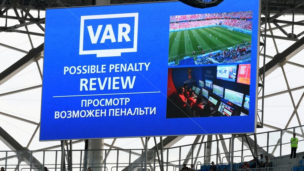 The big screen inside the stadium displays a VAR penalty review during the Group A match between Saudia Arabia and Egypt at Volgograd Arena in Volgograd, Russia. Photograph: Shaun Botterill/Getty Images