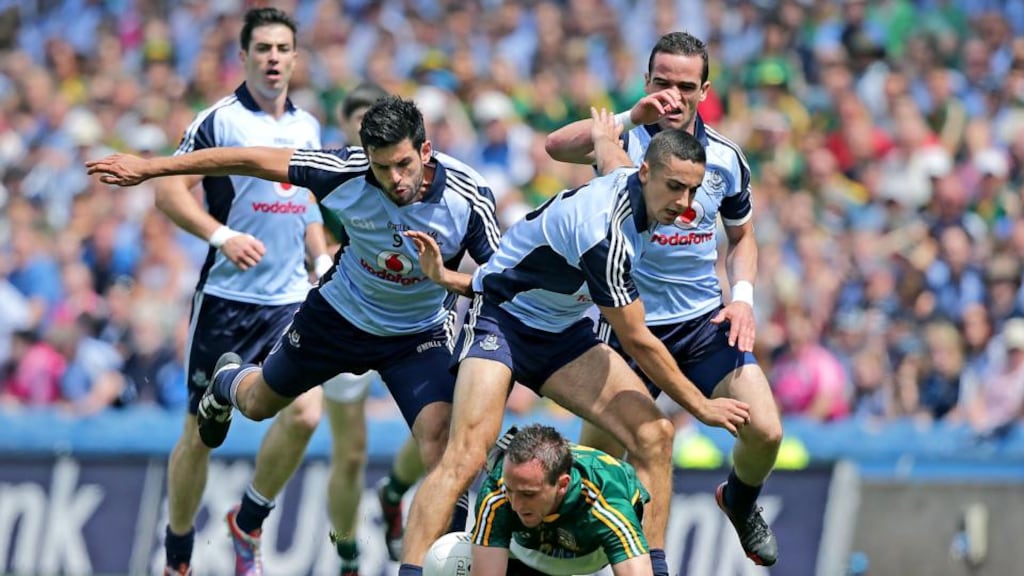 Meath’s Graham Reilly comes under pressure from Dublin trio Cian O’Sullivan, James McCarthy and Ger Brennan during the recent Leinster football final. Photo: Morgan Treacy/Inpho
