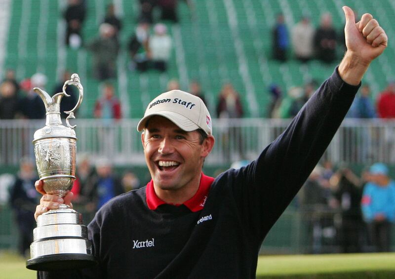 Pádraig Harrington holds the trophy after winning the 136th British Open in a playoff at Carnoustie, Scotland. Photograph: Paul Ellis/AFP via Getty Images
