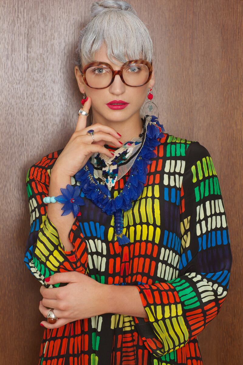 Dress, €750, Helen Steele, Costume. Blue ivy collar €395, bracelet €265, Melissa Curry, Khan Boutique. Earrings Designer’s own. Bird necklace €599, Mignonne Gavigan, Loulerie. Lobster necklace €279, Nach, Costume. Boho Bamboo Ring with Lapis Lazuli €95, Egadi ring €115, Juvi designs