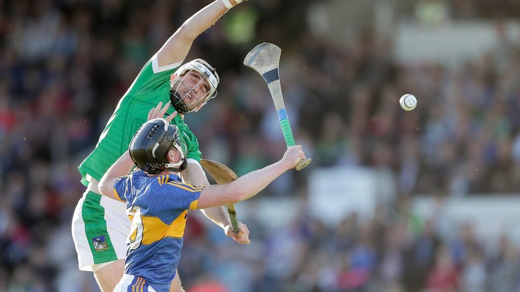 Limerick’s Willie O’Meara and Jerome Cahill . Photograph: Laszlo Geczo/Inpho