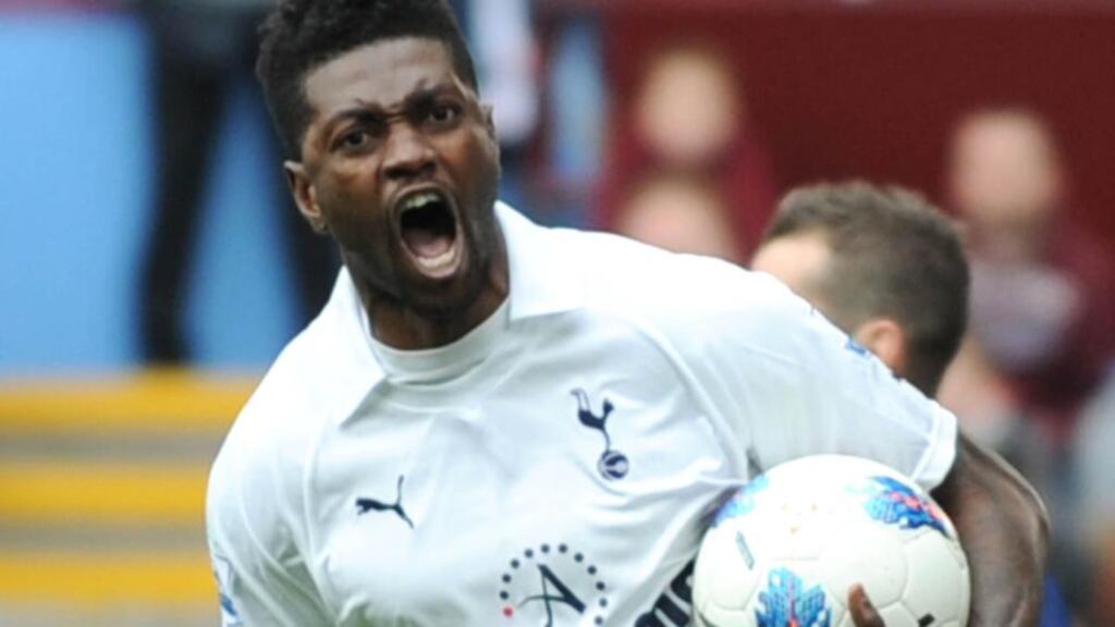 Tottenham Hotspur’s Togolese striker Emmanuel Adebayor may face former club Manchester City on Sunday. Photograph: Olly Greenwood/AFP/GettyImages