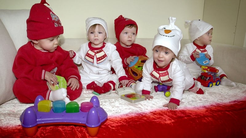 The Cassidy quintuplets Conor, Derbhail, Cian, Amy and Rory were in the Morrison Hotel, Dublin, in 2002 at the launch a VHI Healthcare web site for parents. Photograph: David Sleator