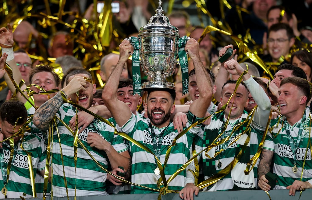 Shamrock Rovers' Roberto Lopes lift the Sports Direct FAI Cup. Photograph: Ryan Byrne/Inpho