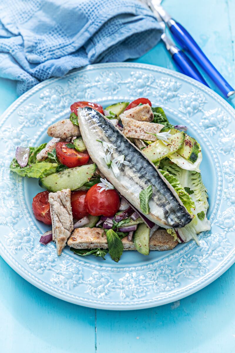 Grilled mackerel, orange fattoush. Photograph: Harry Weir Photography