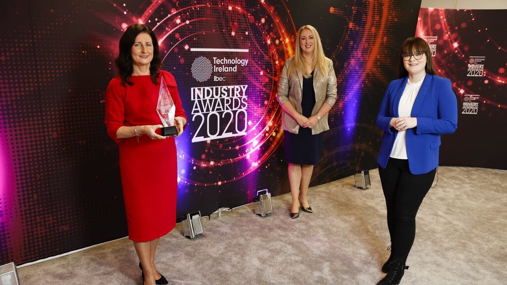 Person of the Year winner, Edel Creely, managing director of Arkphire Services, Una Fitzpatrick, director, Technology Ireland and Jess Kelly, broadcast MC. Photograph: Conor McCabe Photography.