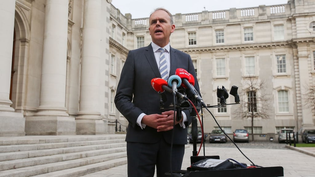 Minister for Education and Skills, Joe McHugh, speaking to media on the recent school closures  in the Courtyard at Government Buildings, Dublin. Photograph:  Gareth Chaney Collins