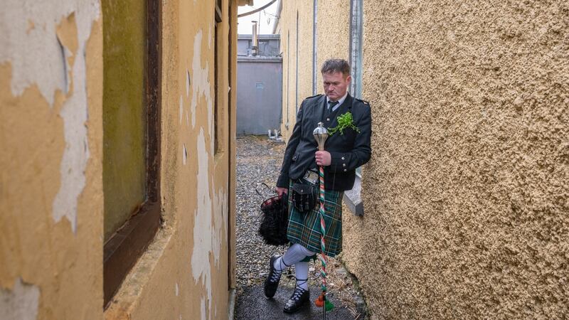 John Sweeney, staffman with the Dookinella Pipe Band. Photograph: Michael McLaughlin