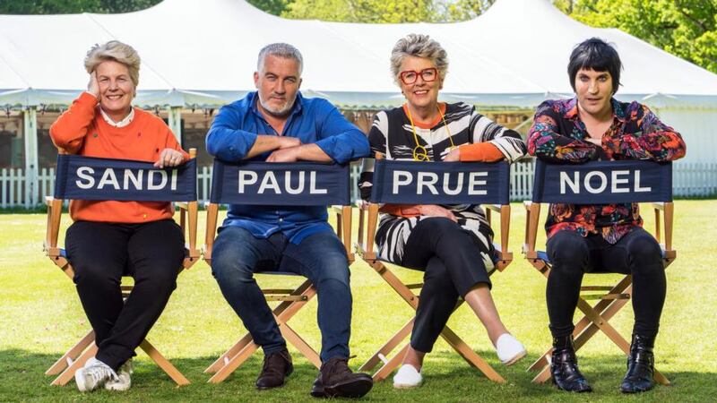 Great British Bake Off: Prue Leith with her fellow judge Paul Hollywood and the show’s presenters, Sandi Toksvig and Noel fielding. Photograph: Channel 4