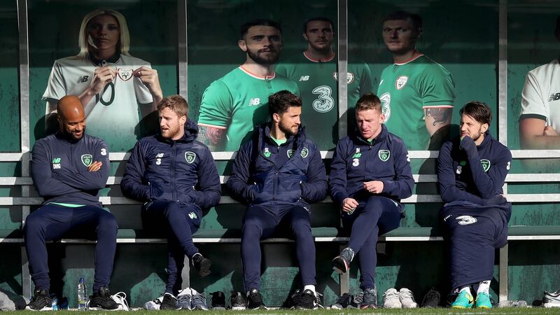 Darren Randolph, Eunan O’Kane, Shane Long, Johnny Hayes and Harry Arter watch Monday’s training session. Photograph: Ryan Byrne/Inpho