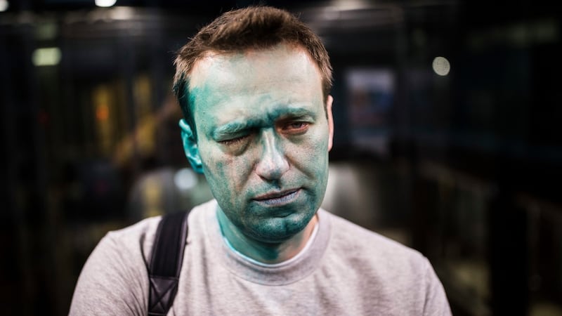 Russian opposition leader Alexei Navalny after unknown attackers doused him with green fluid outside a conference venue in Moscow, Russia, late last month. File photograph: Evgeny Feldman/Pool Photo via AP