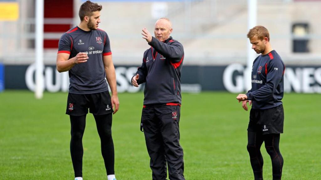 Stuart McCloskey listens to Ulster head coach Neil Doak during training at Ravenhill. The young centre has been tipped by Tommy Bowe to make an impression at international level this season. Photograpgh: William Cherry/Inpho/Presseye