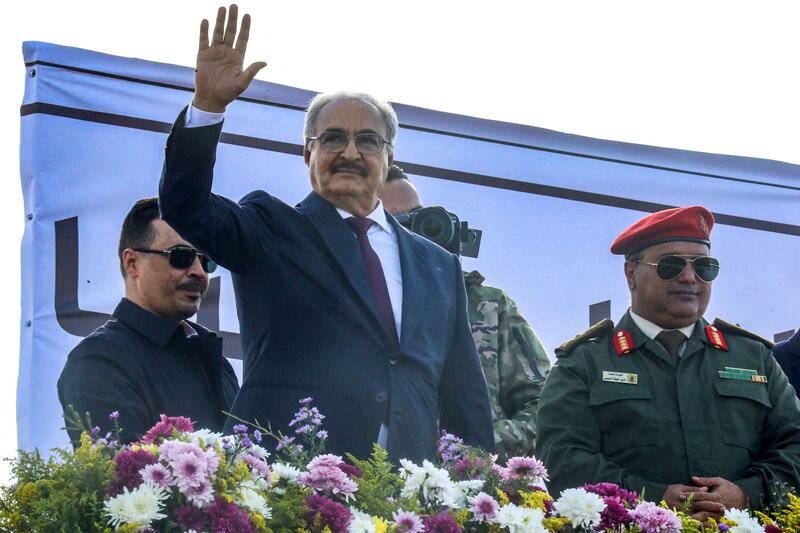Khalifa Haftar gestures to the crowd after a rally in December 2022.  Photograph: Abdullah Doma/AFP via Getty Images