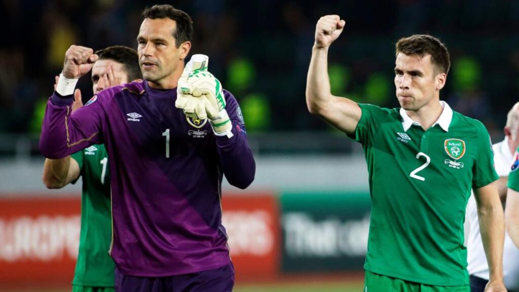 Republic of Ireland players Robbie Brady, David Forde and Séamus Coleman celebrate the Euro 2016 Group D victory against Georgia in Tbilisi. Photograph: David Mdzinarishvili/Reuters