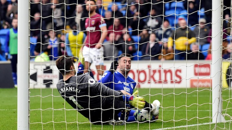 Cardiff City’s Victor Camarasa scores their second goal. Photograph: Rebecca Naden/Reuters