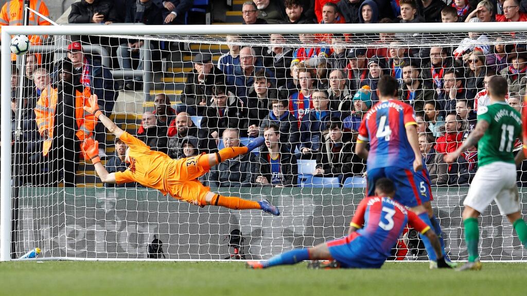 Anthony Knockaert scores Brighton’s second goal during the Premier League game against Crystal Palace at Selhurst Park. Photograph: Peter Nicholls/Reuters