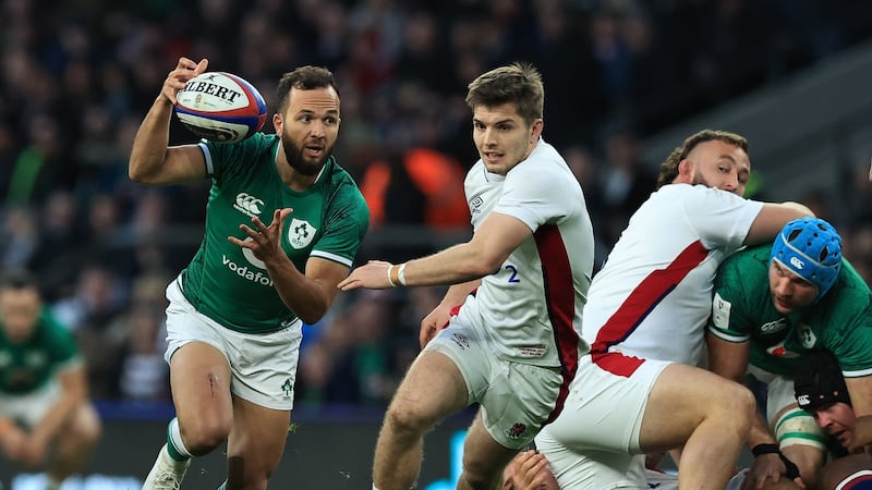 Ireland scrumhalf Jamison Gibson-Park breaks clear of England’s Harry Randall during the Guinness Six Nations match at Twickenham. Photograph: David Rogers/Getty Images