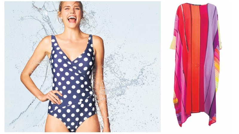 Illusion wrap swimsuit, €59, from Long Tall Sally; Helen Steele kaftan, €201 at Kildare Village