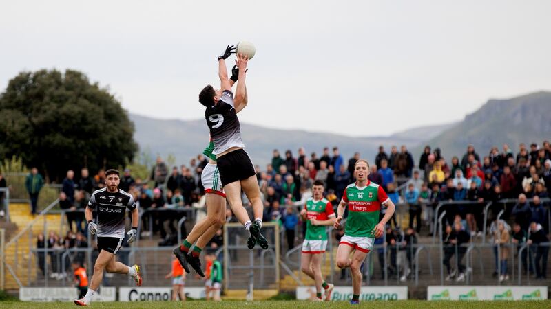 Sligo’s Joseph Keaney wins a high ball during rhe EirGrid Connacht under-20 final against Mayo at Markievicz Park. Photograph: James Crombie/Inpho