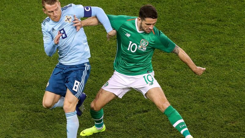 Northern Ireland captain Steven Davis challenges Robbie Brady during the friendly international at the Aviva stadium. Photograph: Tommy Dickson/Inpho