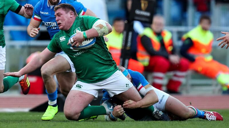 Ireland’s Tadhg Furlong is tackled by Leonardo Ghiraldini of Italy during the Six Nations match against Italy at the Stadio Olimpico in Rome. Photograph: Billy Stickland/Inpho