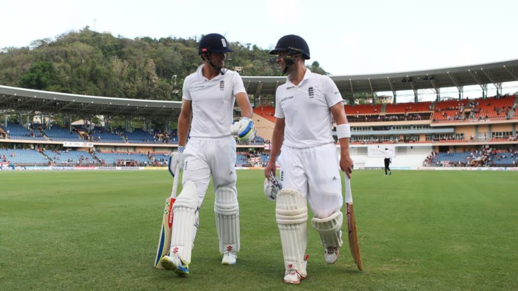 Alistair Cook and Jonathan Trott helped give England a solid platform to build on in their first innings of the second Test match against the West Indies in Grenada. Photograph: Reuters