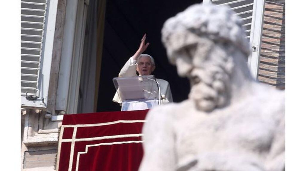Pope Benedict XVI delivers his Angelus Blessing from the window of his private studio overlooking St Peter's Square last Sunday. Photograph: Franco Origlia/Getty Images