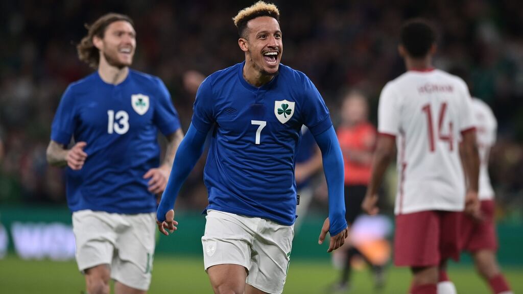 Callum Robinson celebrates after scoring his first goal against Qatar on Tuesday. Photo: Charles McQuillan/Getty Images