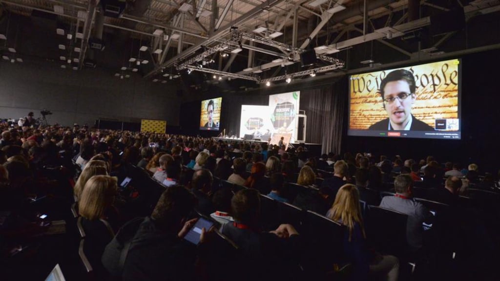 NSA whistleblower Edward Snowden speaks via videoconference at the “Virtual Conversation With Edward Snowden” during the 2014 SXSW Music, Film + Interactive Festival at the Austin Convention Cente. Photograph: Michael Buckner/Getty Images for SXSW