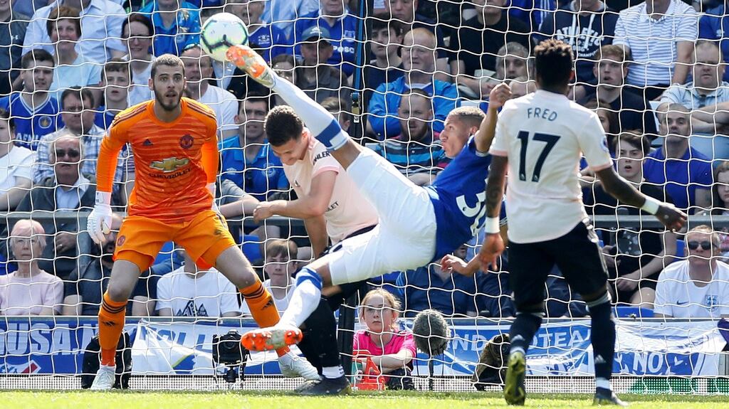 Everton’s Richarlison scoring with an overhead kick against Manchester United at Goodison Park, Liverpool. Photograph: Reuters/Jason Cairnduff