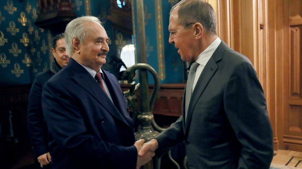 Commander of the self-styled Libyan National Army Khalifa Haftar meeting Russian foreign minister Sergei Lavrov during their meeting in Moscow on Monday. Photograph: EPA/Russian ministry of foreign affairs