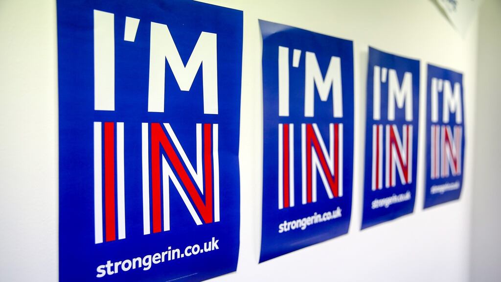 Posters at the Britain Stronger In Europe campaign offices. Photograph: Chris Ratcliffe/Bloomberg