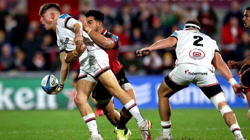 Ulster’s Ethan McIlroy in action against the Lions at Kingspan Stadium. Photograph: Ryan Byrne/Inpho