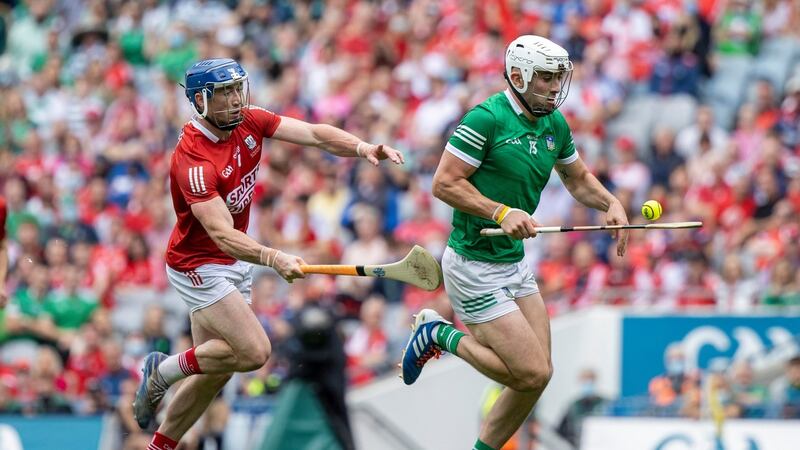 Cork’s Seán O’Donoghue and Aaron Gillane of Limerick in action during the GAA All-Ireland SHC final at Croke Park on Sunday. Photograph: Tom Honan