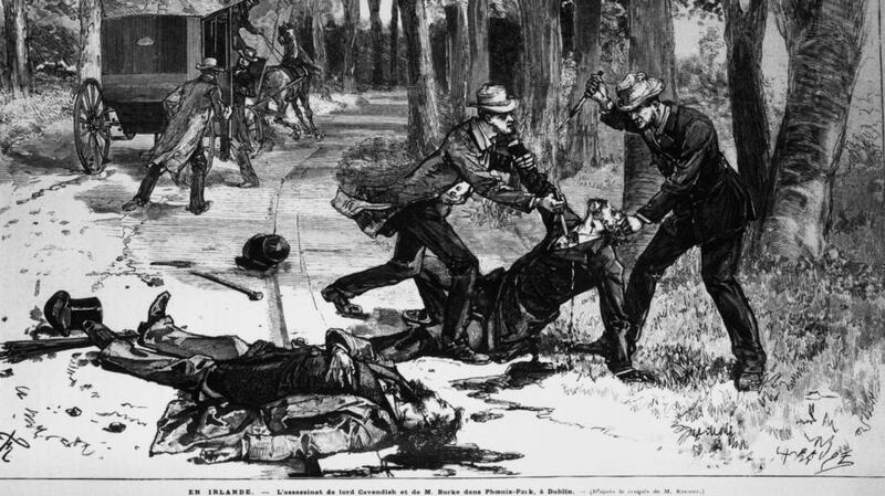 An illustration of the 1882 assassination of chief secretary to Ireland Lord Frederick Cavendish and the permanent under-secretary Thomas Henry Burke in Phoenix Park, Dublin, by a group calling themselves the ‘Invincibles’. Photograph: Hulton Archive/Getty