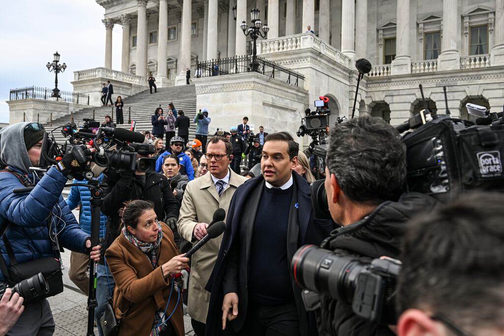 George Santos outside the US Capitol building in Washington after being expelled from the House of Representatives following a bipartisan vote by his peers. Photograph: Kenny Holston/The New York Times