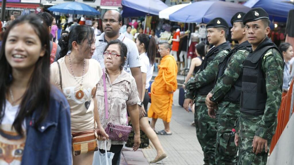 Thai soldiers stand guard to prevent any rallying against the military coup at the Victory Monument in Bangkok, Thailand. Photograph: Narong Sangnak/EPA