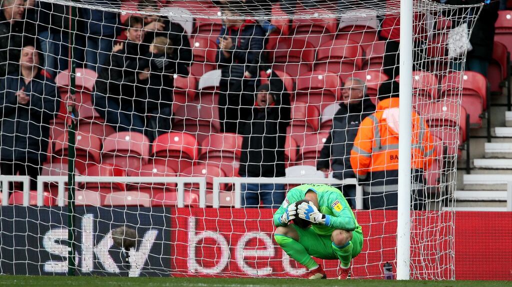 Derby County goalkeeper Scott Carson reacts after Jayden Bogle scored an own goal during their draw with Middlesbrough. Photo: Richard Sellers/PA Wire
