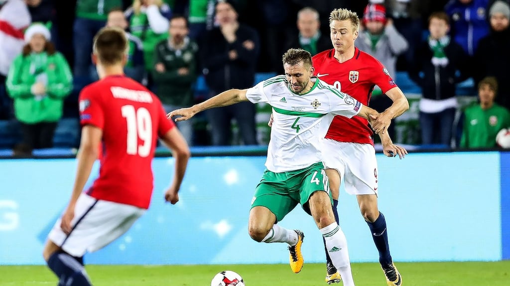 Northern Ireland’s Gareth McAuley in action during the World Cup qualifier against Norway at the Ullevaal Stadion in Oslo. Photograph: William Cherry/Presseye/Inpho