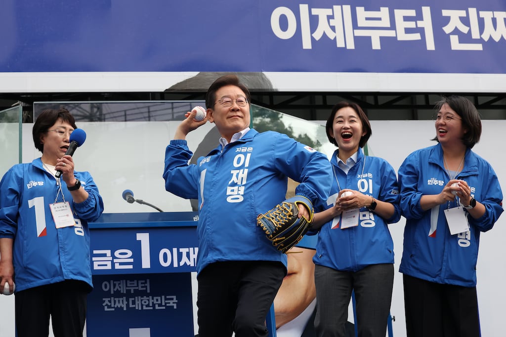 Lee Jae-myung, the Democratic Party presidential candidate, attends an election campaign rally on Thursday in Seoul. Photograph: Chung Sung-Jun/Getty