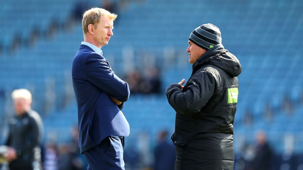 Leinster’s Leo Cullen with Glasgow coach Dave Rennie. “He’s a good man, Leo, I like him,” said Rennie. Photograph: Ryan Byrne/Inpho