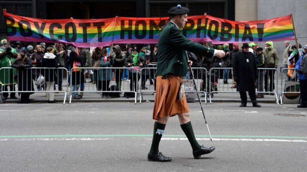 Gay Rights supporters protest against the exclusion of the gay community during the 252nd annual Saint Patrick’s Day Parade in New York yesterday. Photograph: Andrew Gombert/EPA